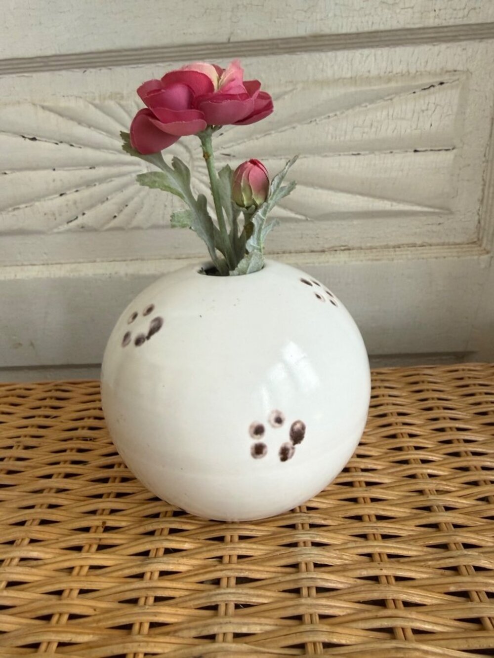 Vintage MCM Japan round White Modernist Bud Vase With Brown Dots